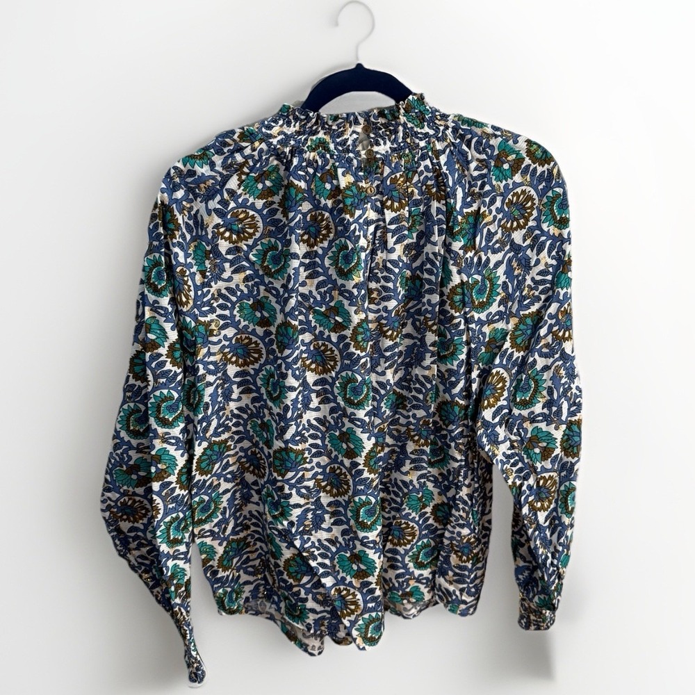 Oliphant Floral Print Smocked Neck Long Sleeve Tunic in Blue, Green, Gold - Picture 7 of 11